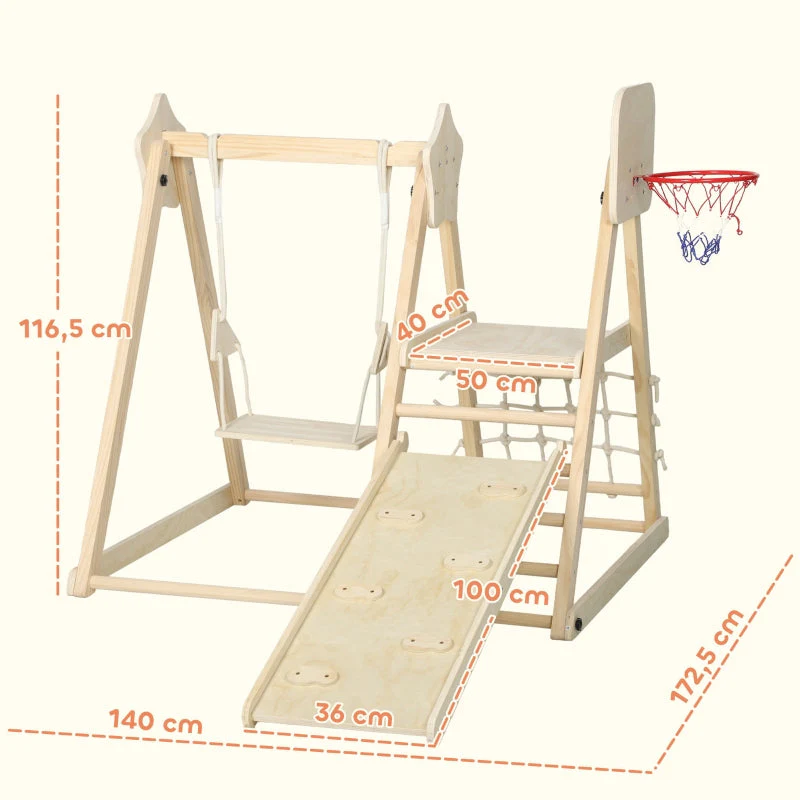 5-in-1 Indoor Climbing Frame with Slide, Swing and Basketball Hoop, Natural Wood - Image 3