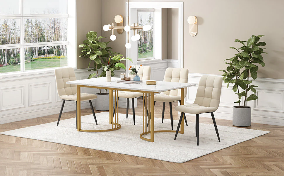 5-Piece Dining Set 140x80cm Modern Kitchen Table White MDF Beige Velvet - Image 2