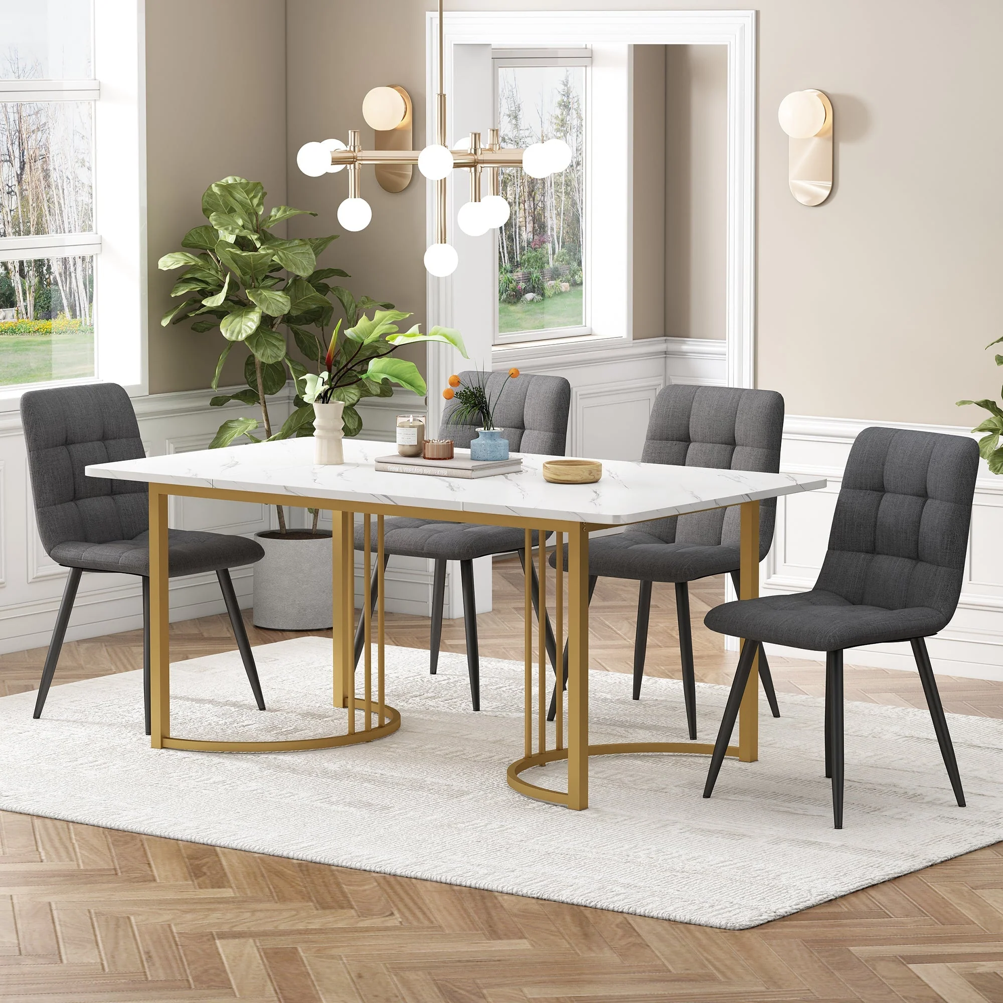 5-Piece Dining Set 140x80cm Table 4 Chairs Gold Metal Legs White MDF Dark Grey Linen