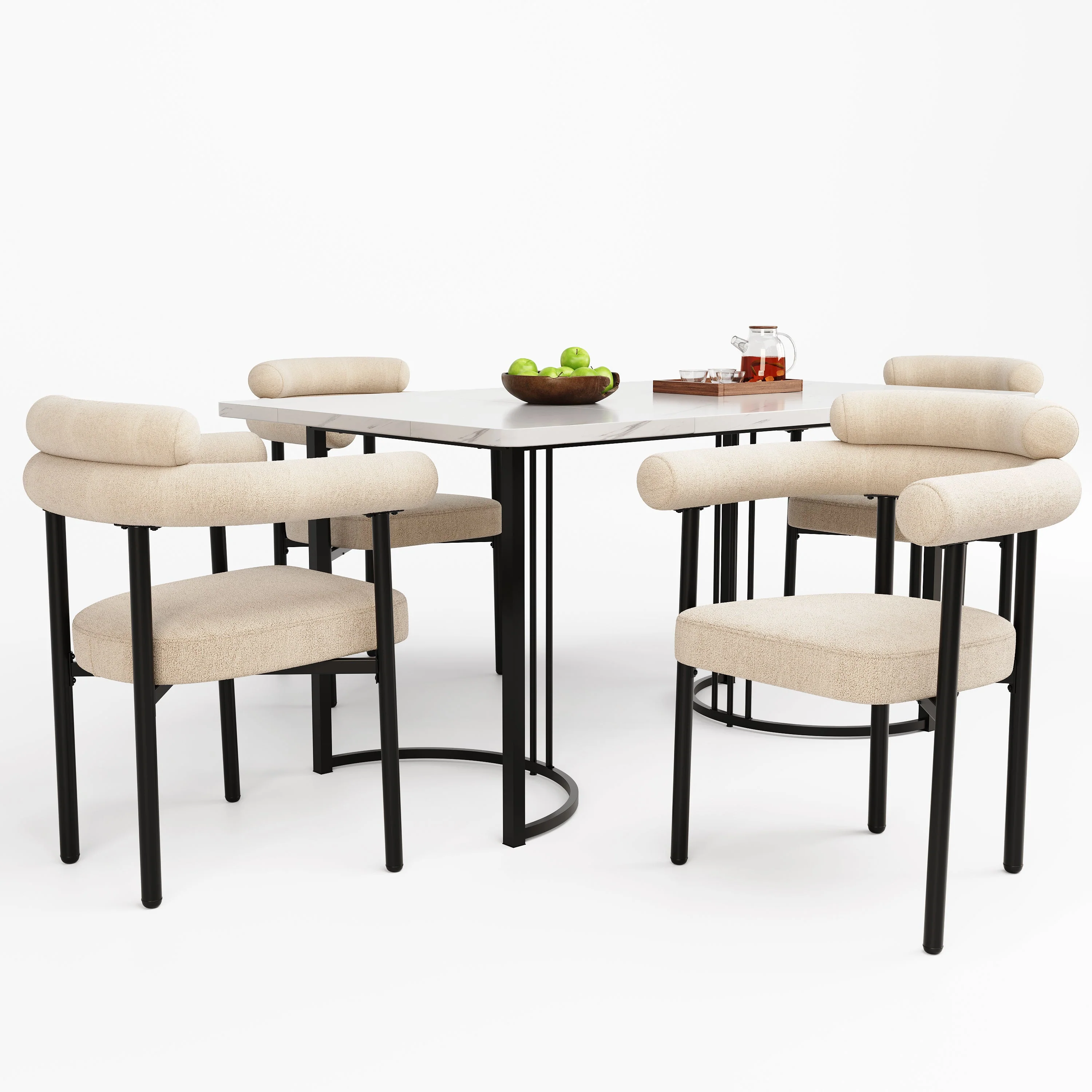 5-Piece Dining Set 4 Hollow Armchairs Designer Metal Legs Cream Suede - Image 2