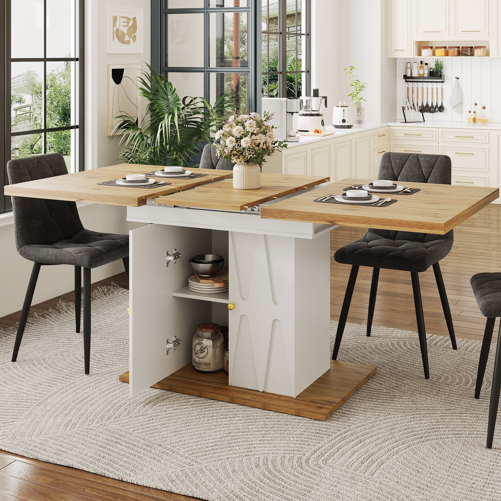 5-Piece Dining Set Extendable Table 110/140cm with 4 Chairs Cotton-Linen Grey - Image 11