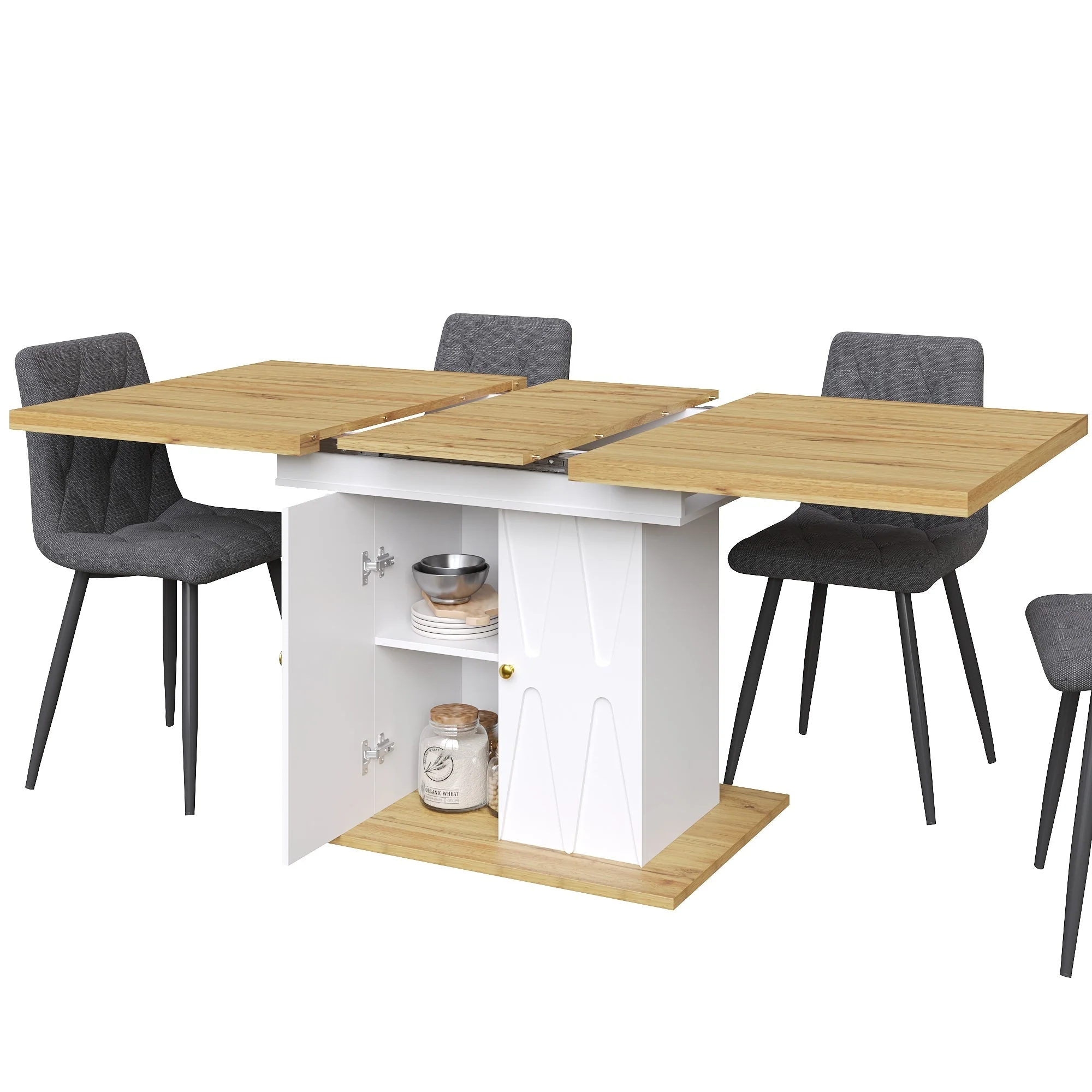 5-Piece Dining Set Extendable Table 110/140cm with 4 Chairs Cotton-Linen Grey - Image 14
