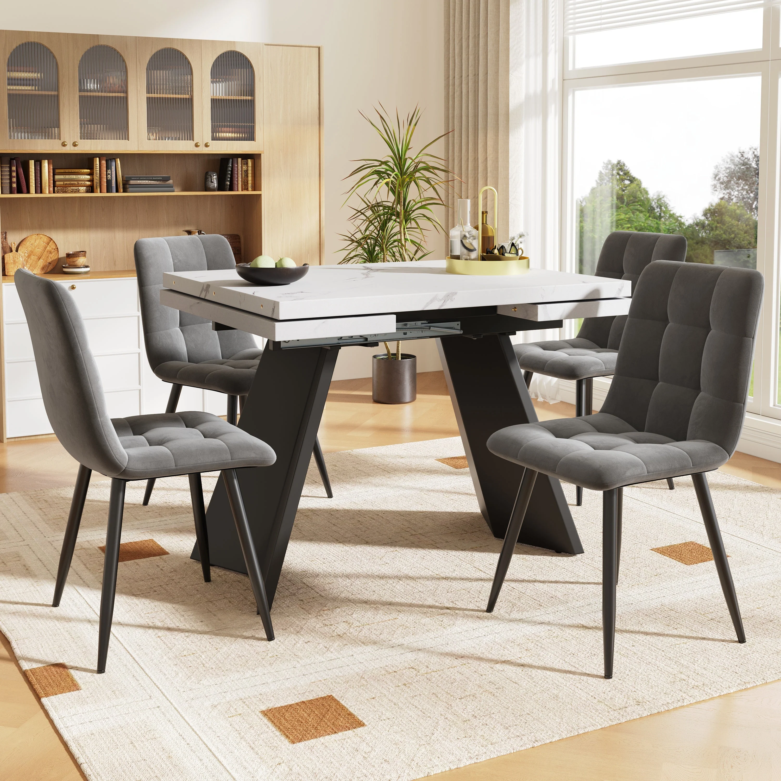 5-Piece Dining Set Extendable Table 160x80cm with 4 Grey Velvet Chairs White - Image 2