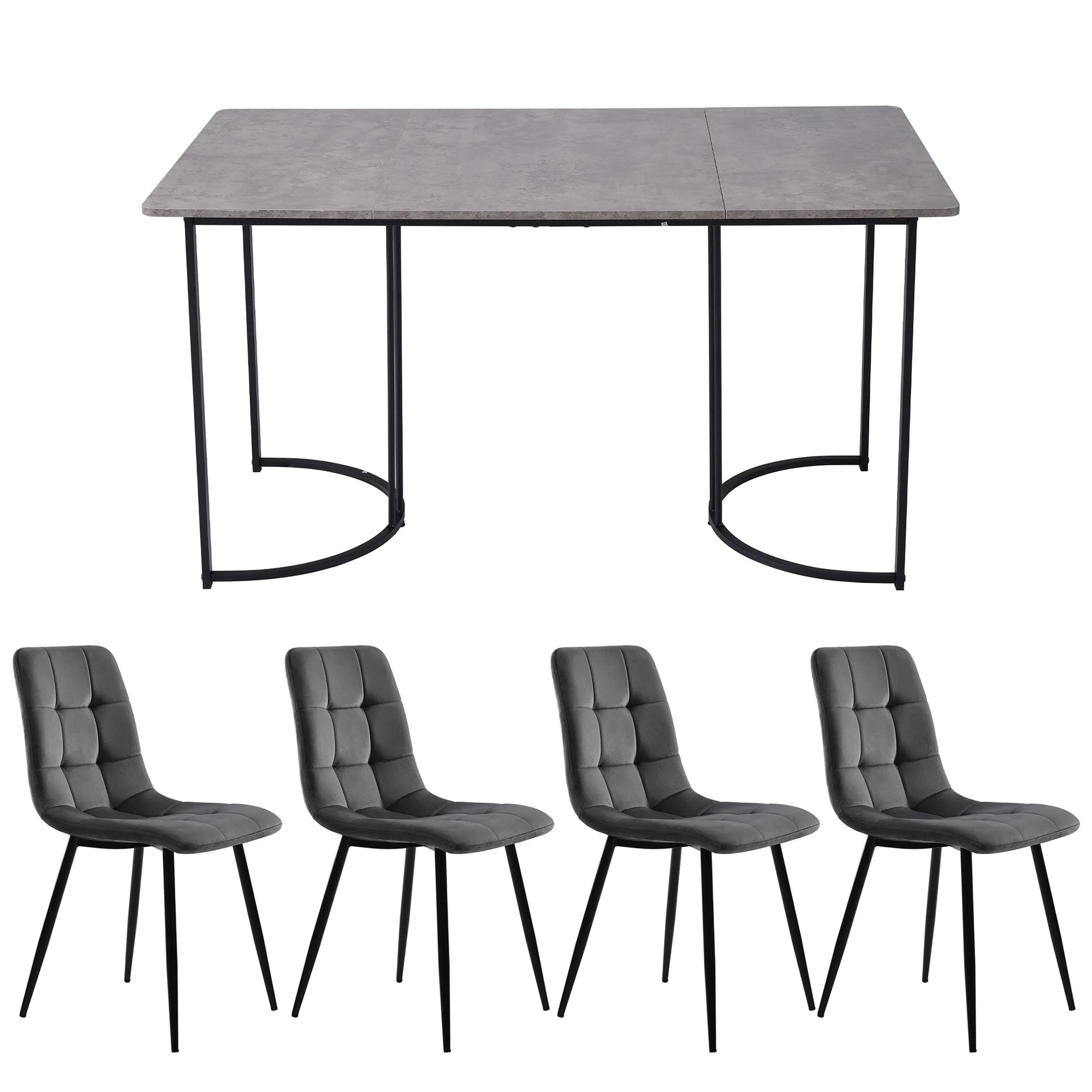 5-Piece Dining Set Modern 140x80cm Kitchen Table with Black Metal Legs Grey MDF Dark Grey Velvet - Image 5