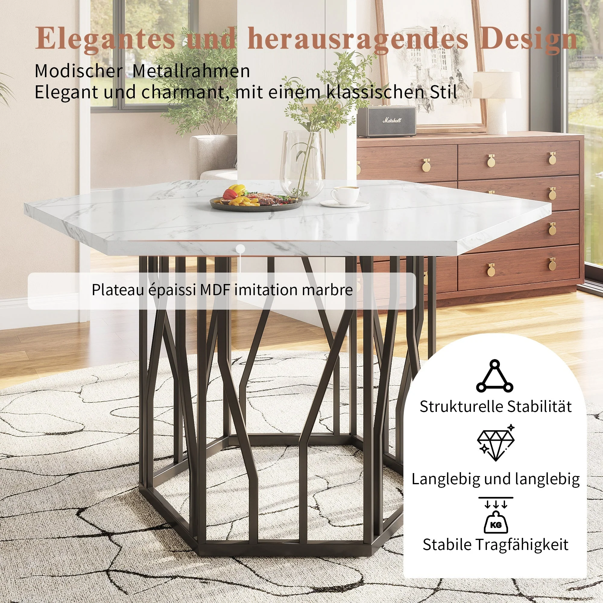 5-Piece Dining Set, Modern Hexagonal Marble Table with 4 Chairs, Black Velvet - Image 10