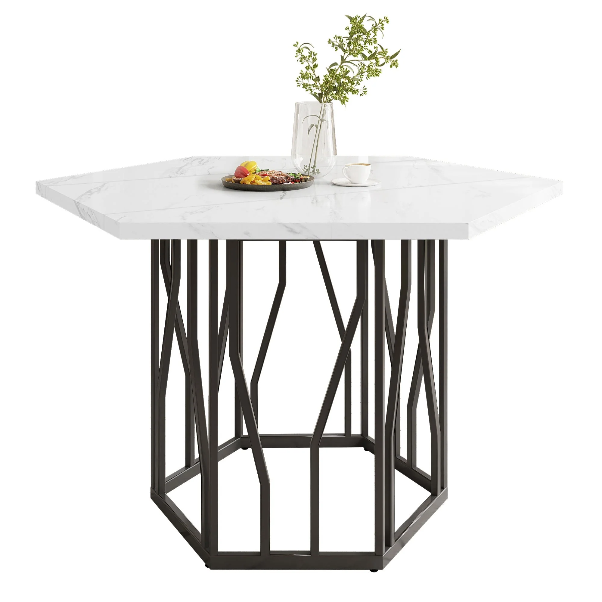 5-Piece Dining Set, Modern Hexagonal Marble Table with 4 Chairs, Black Velvet - Image 5