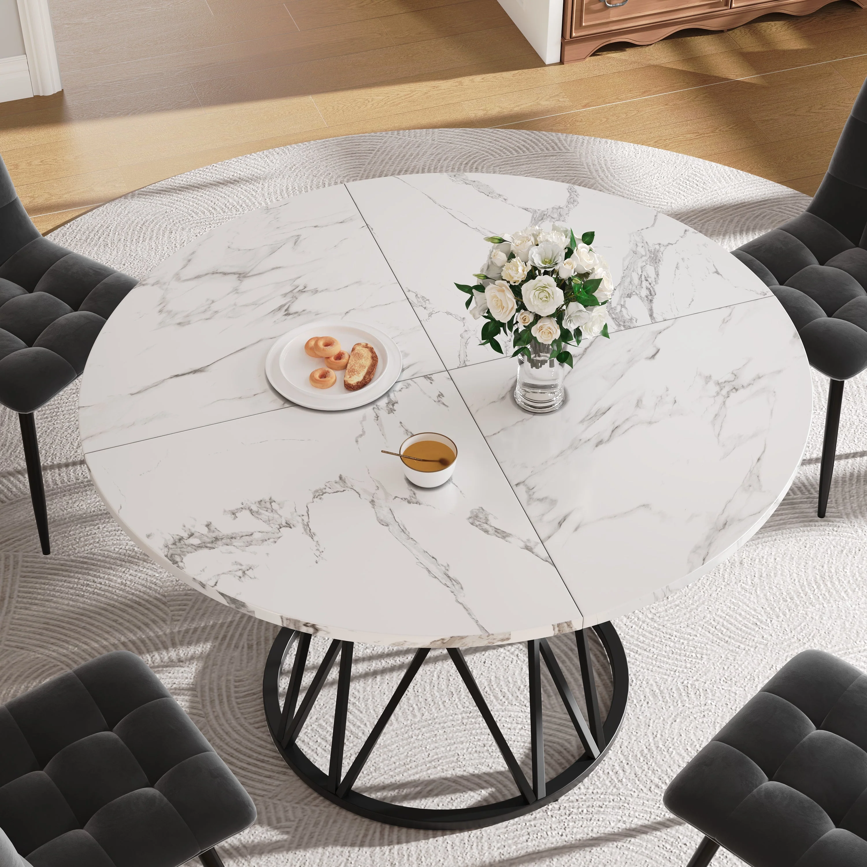 5-Piece Dining Set Modern Round 100cm Marble Top, Grey Velvet & Black Metal - Image 6