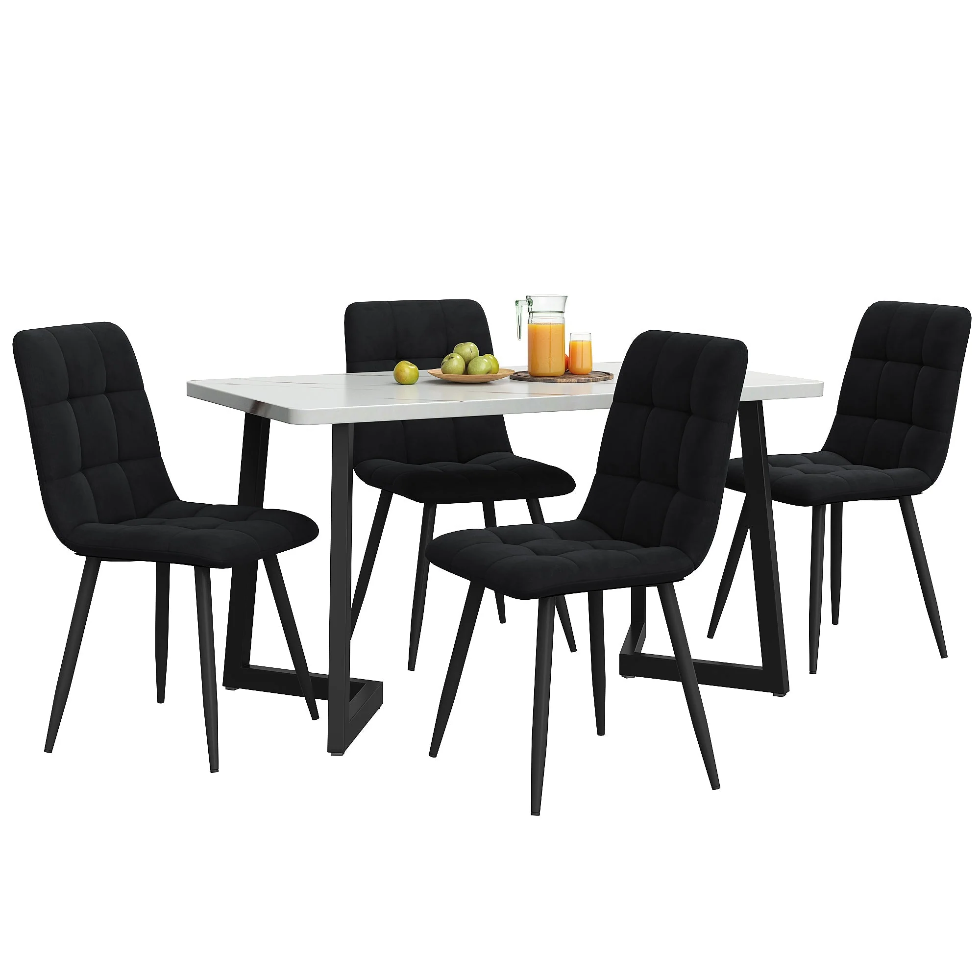 5-Piece Dining Set Rectangular Black Velvet Chairs with Black Legs - Image 2