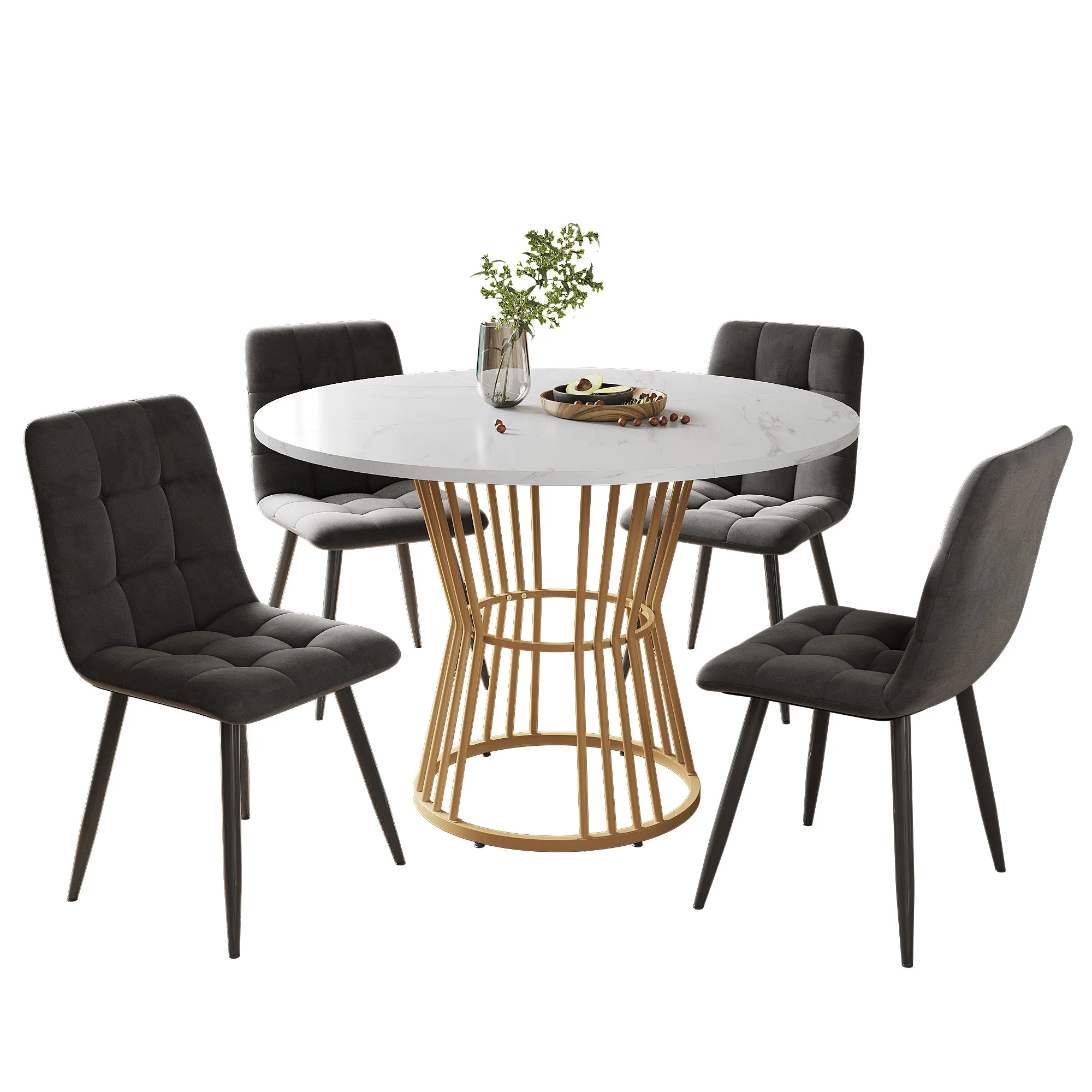 5-Piece Dining Set Round 100cm Gold Metal Legs White MDF Dark Grey Velvet - Image 3