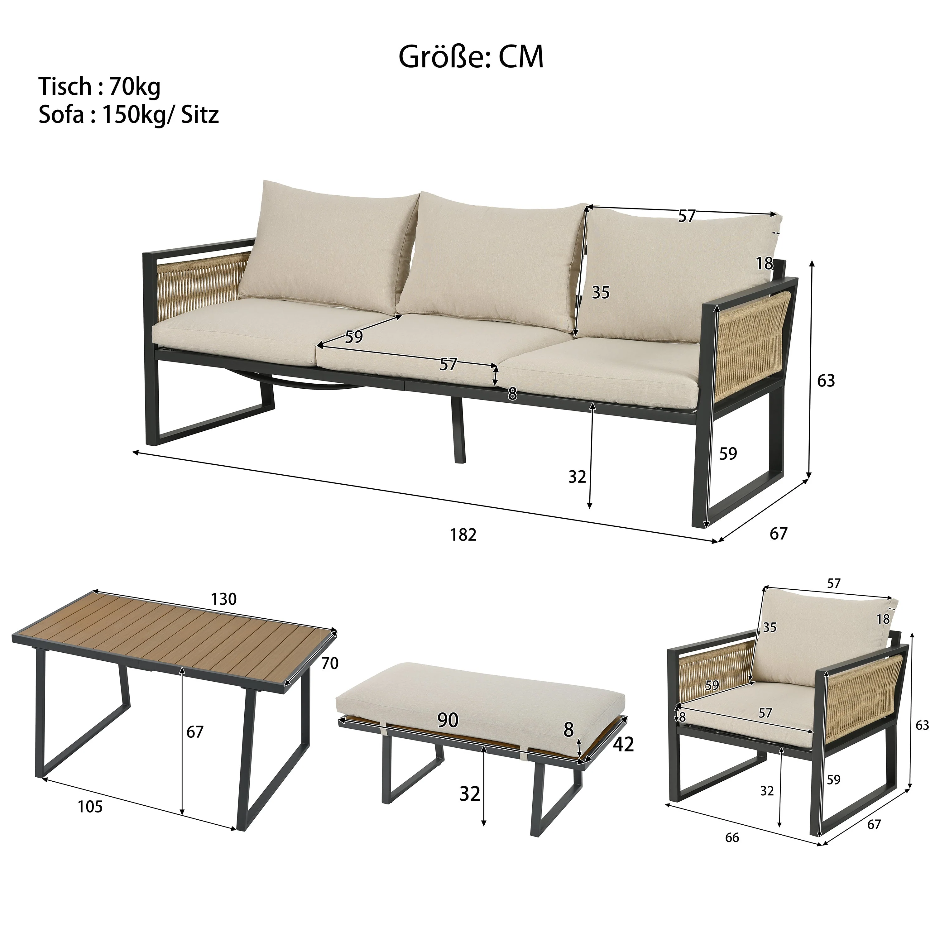 5-Piece Garden Dining Set with 3-Seater Sofa, 2 Armchairs, Stool and Table, Woven Rope and Steel, Beige - Image 3