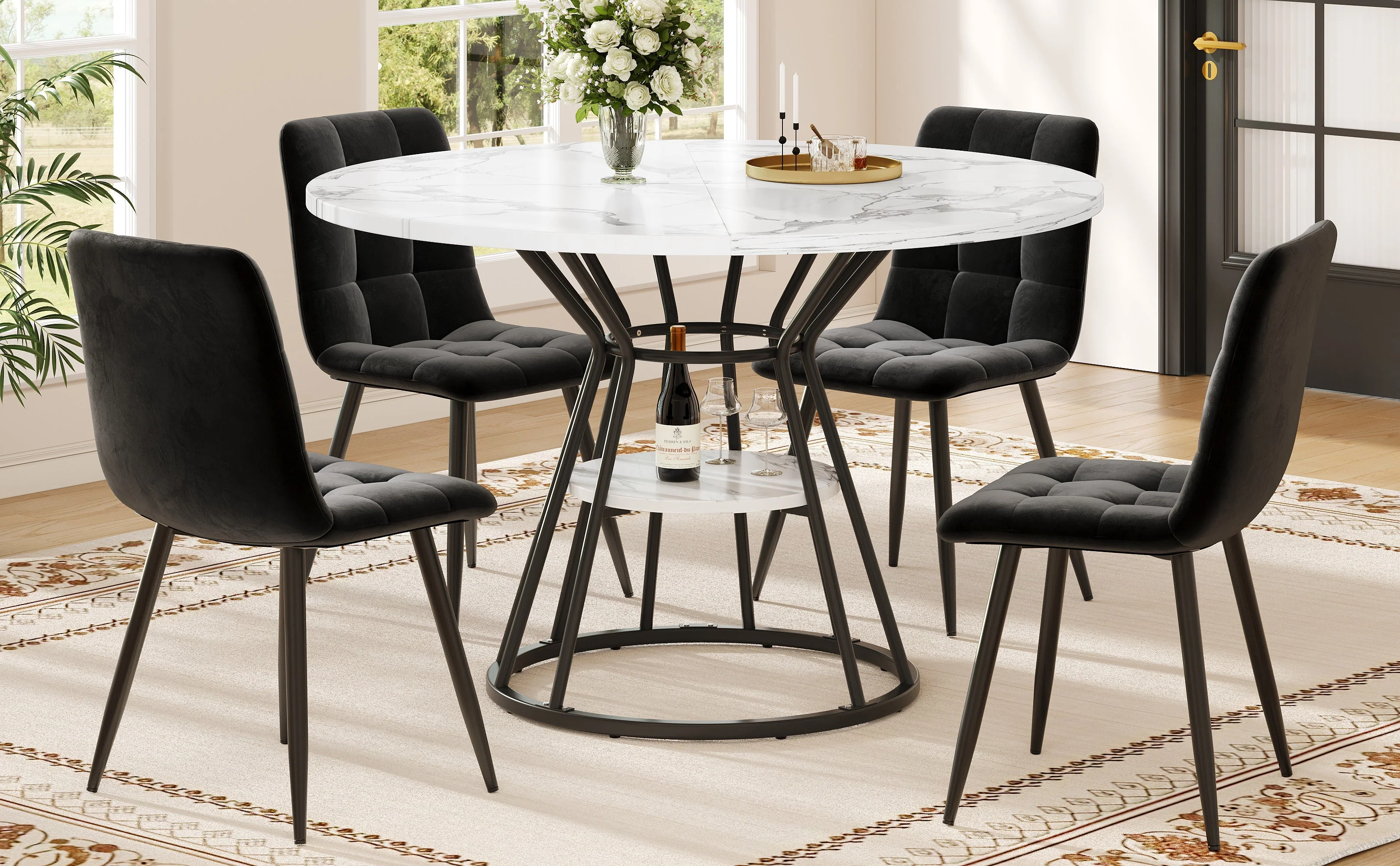 5-Piece Round Dining Table Set with 4 Velvet Chairs and Marble Top, Black - Image 13