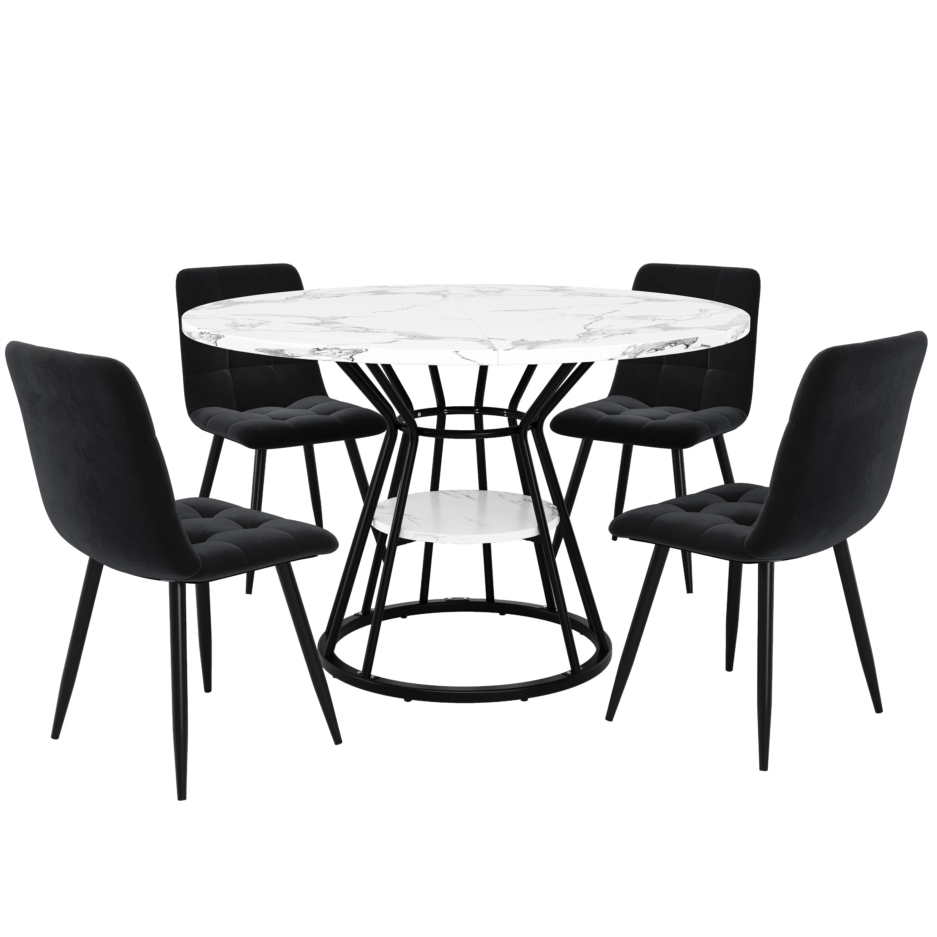 5-Piece Round Dining Table Set with 4 Velvet Chairs and Marble Top, Black - Image 15