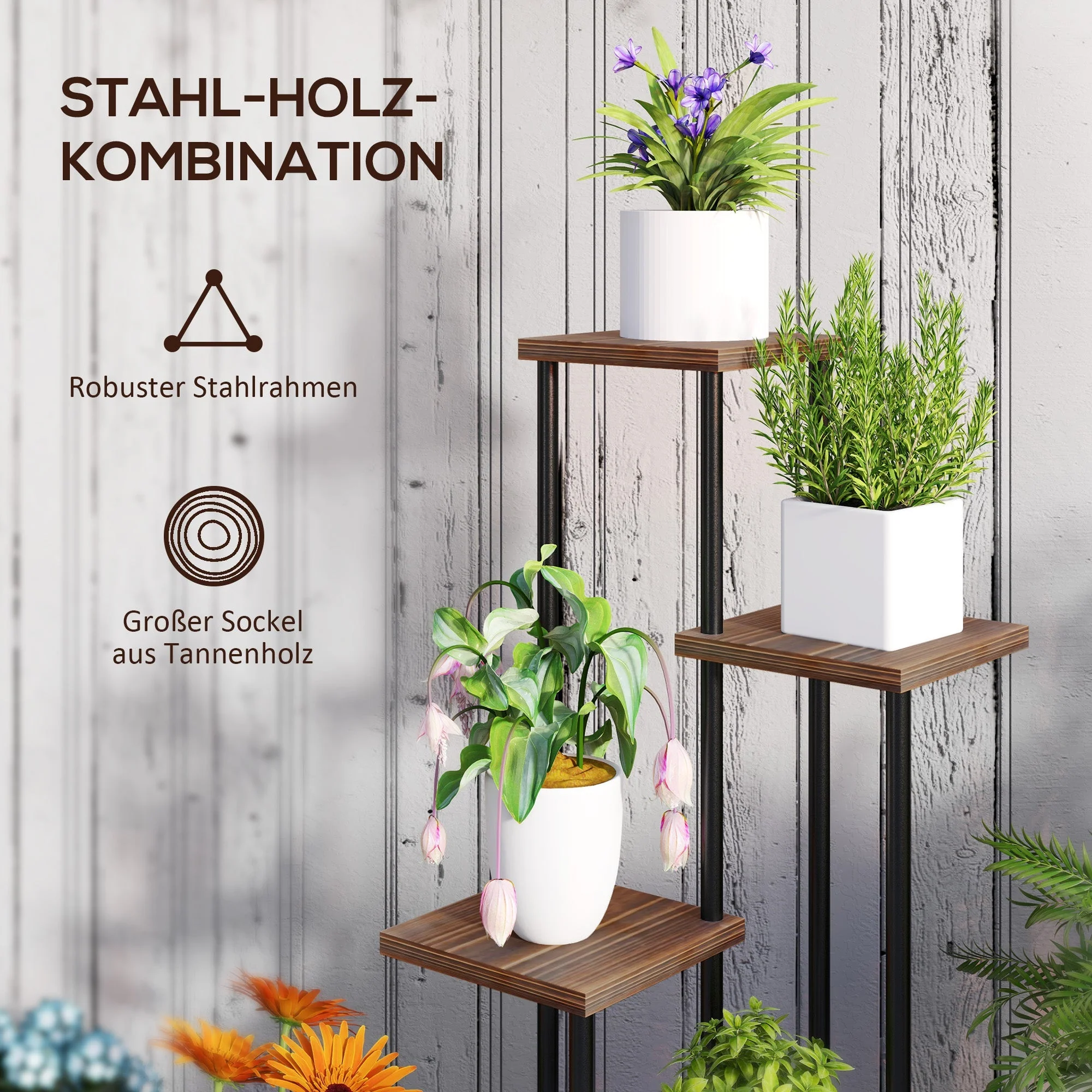 5-Tier Plant Stand, Wheels, 110cm High, Steel Wood, Charred - Image 6