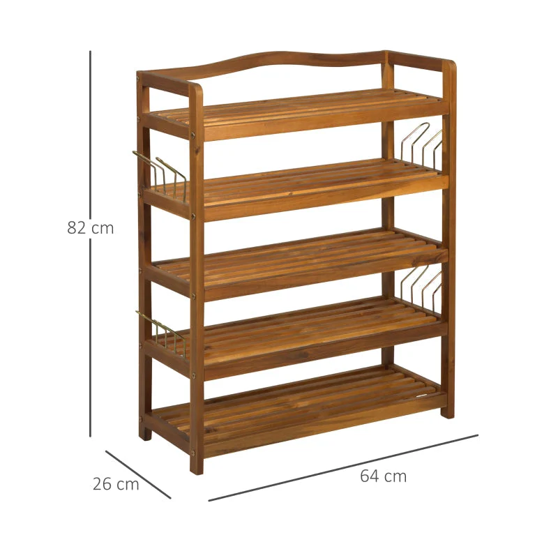 5-Tier Shoe Rack, Storage Organiser with Hangers for 24 Pairs, Teak Acacia Wooden - Image 3