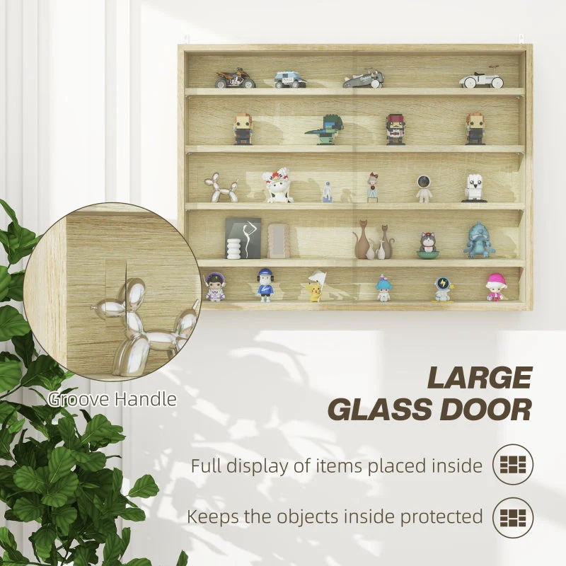 5-Tier Wall Display Cabinet with 4 Adjustable Shelves and Glass Doors, Oak - Image 4