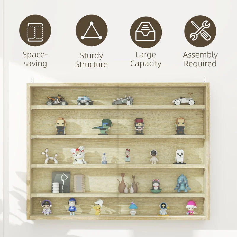 5-Tier Wall Display Cabinet with 4 Adjustable Shelves and Glass Doors, Oak - Image 5