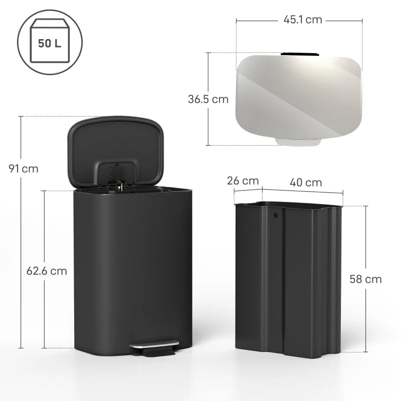 50L Kitchen Bin, Soft-Close Lid, Removable Inner Bucket, Stainless Steel, Black - Image 3