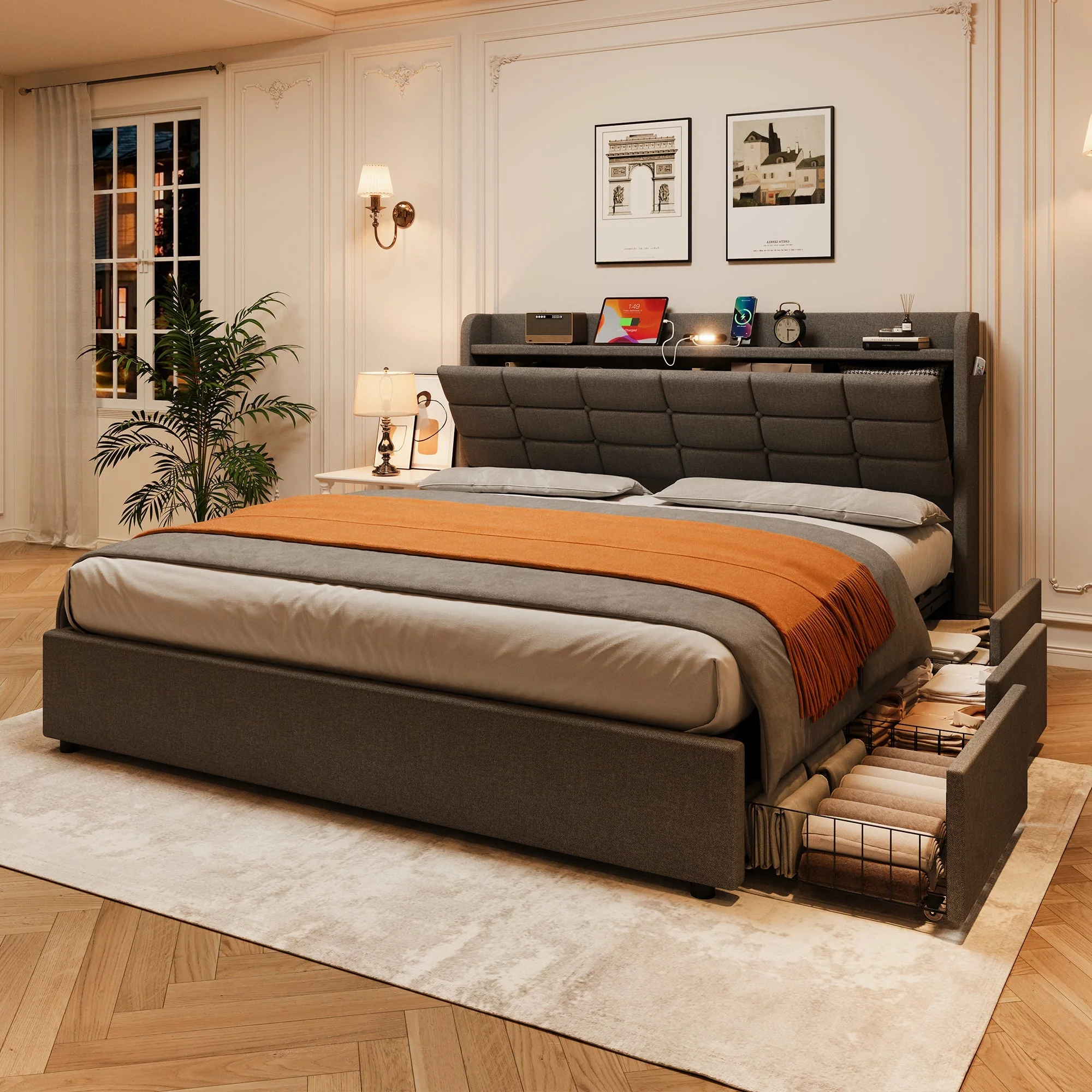 5ft King Bed Frame Hydraulic Storage, Charging Station, LED Night Light, Grey Linen - Image 3