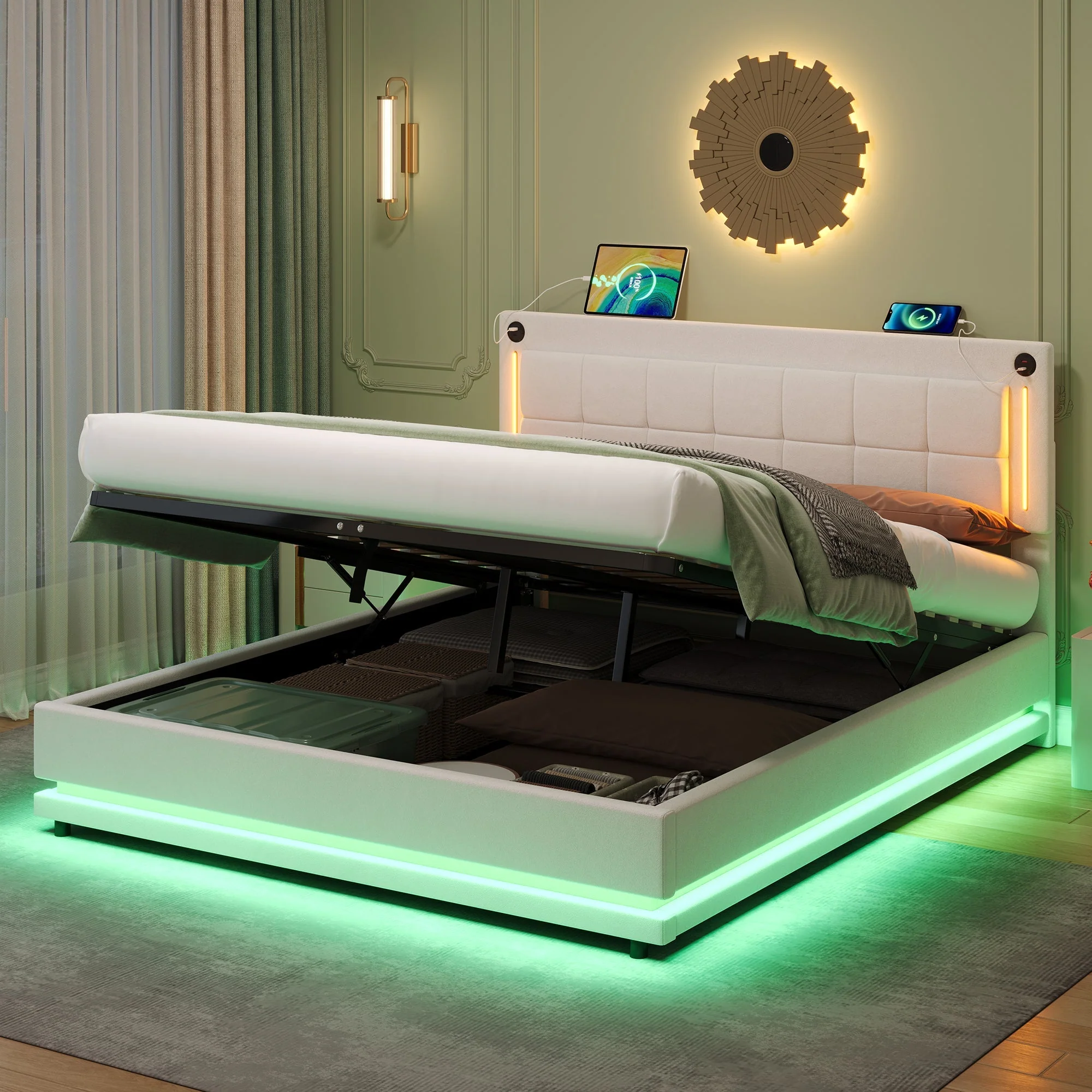 5ft King LED Hydraulic Bed with Charging Station, Adjustable Square Tufted Headboard with Intelligent Control Light, Soft Velvet Bed Frame with USB and Type-C Ports, Beige - Image 2