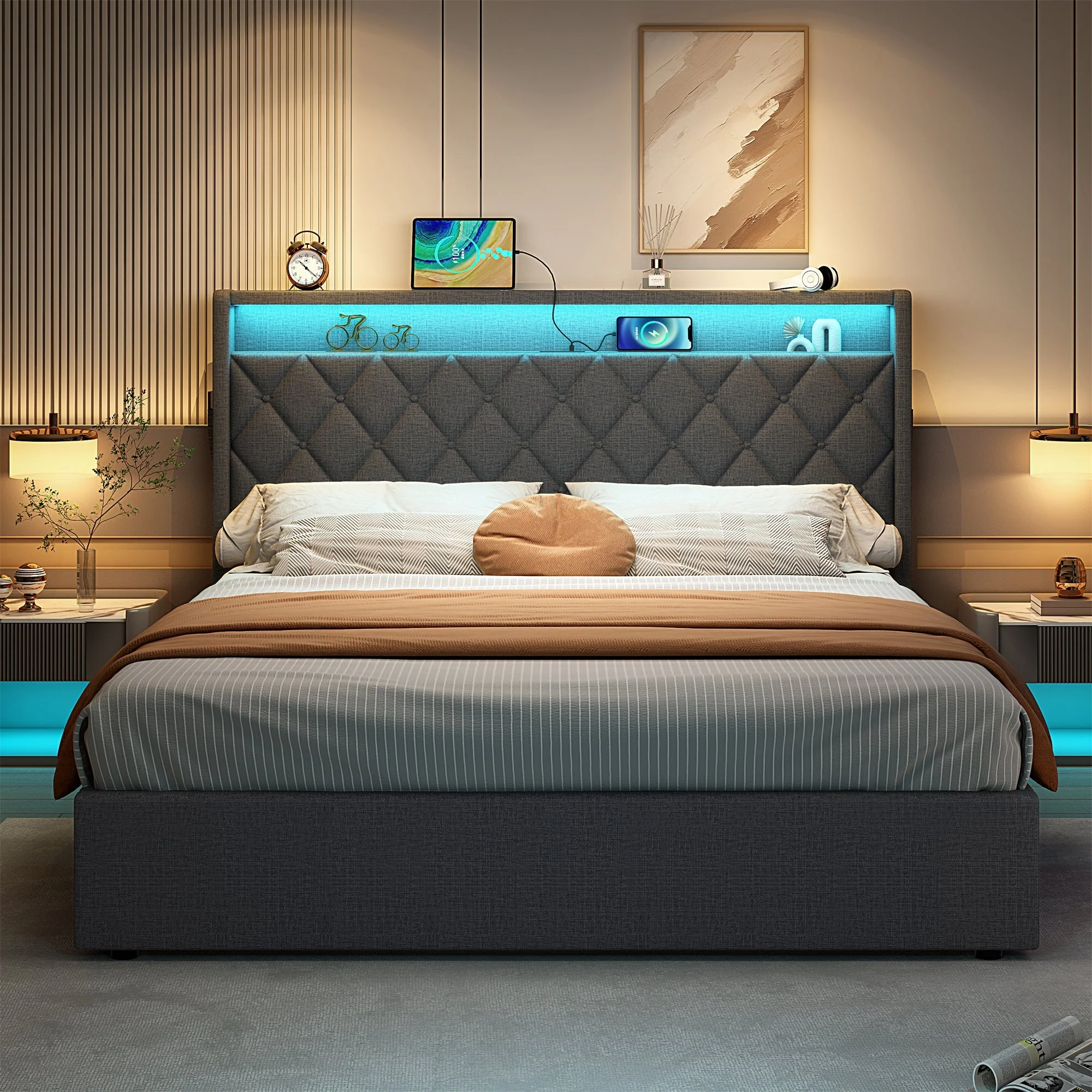 5ft King Upholstered Bed Frame, Hydraulic Storage LED Headboard Charging Station, Linen Grey - Image 2