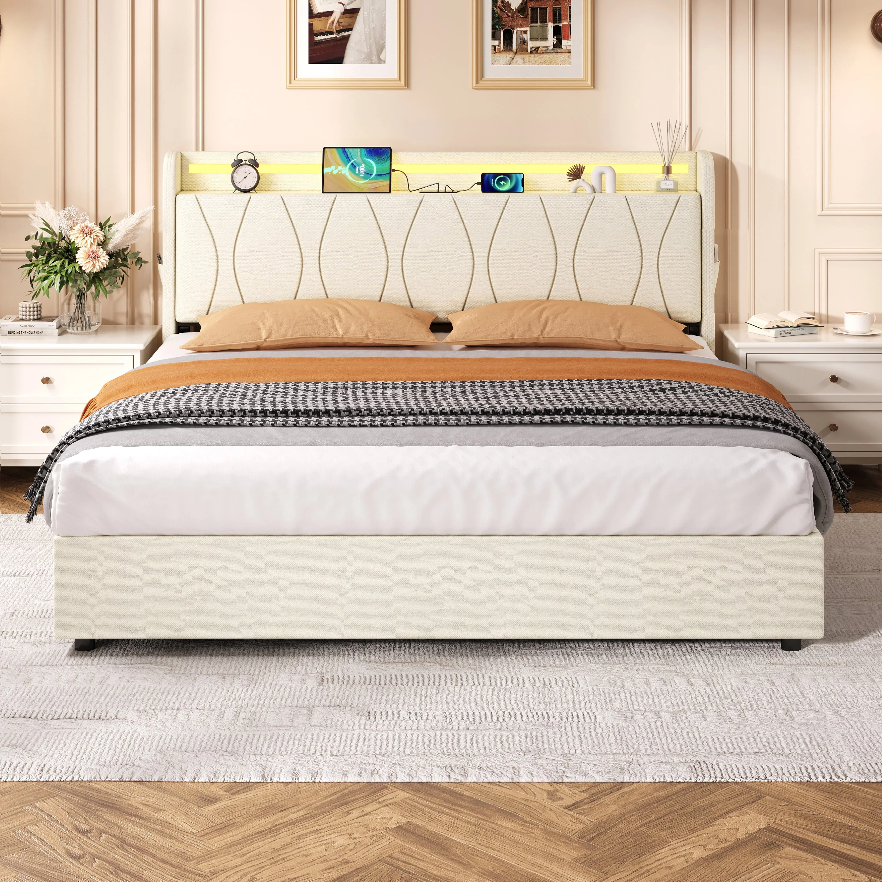 5ft King Upholstered Bed Frame, Hydraulic Storage LED Headboard with Charging Station, Beige Linen - Image 3