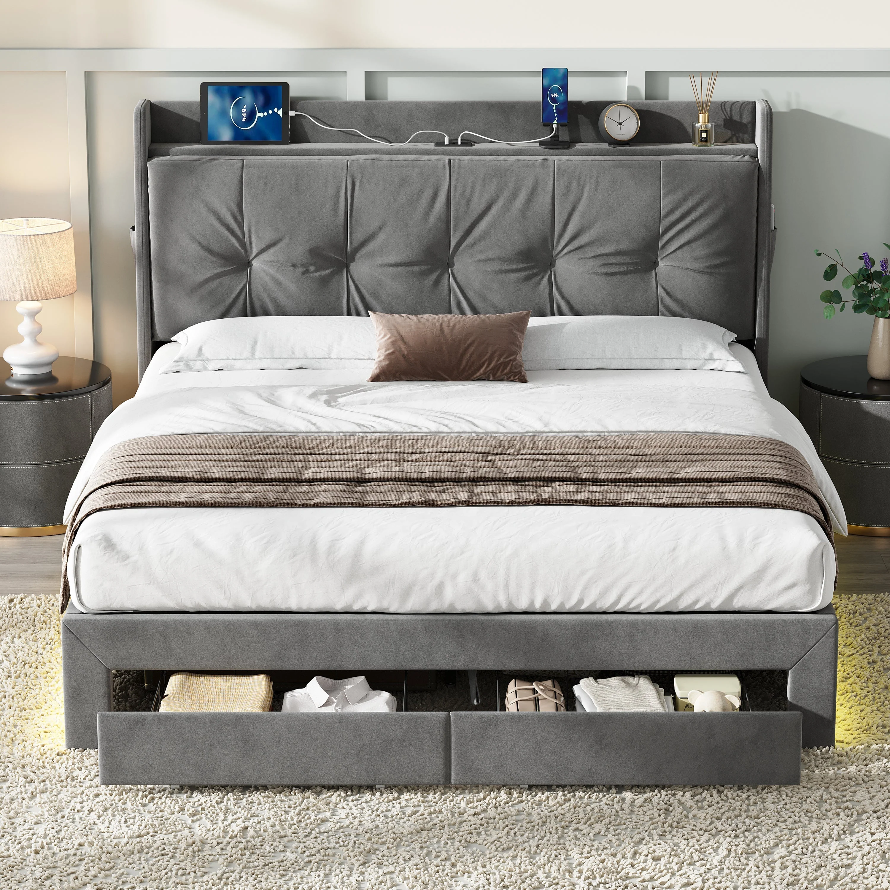 5ft King Upholstered Bed Frame with Hydraulic Storage, Charging Station, and RGB LED Lighting, Velvet Grey - Image 5