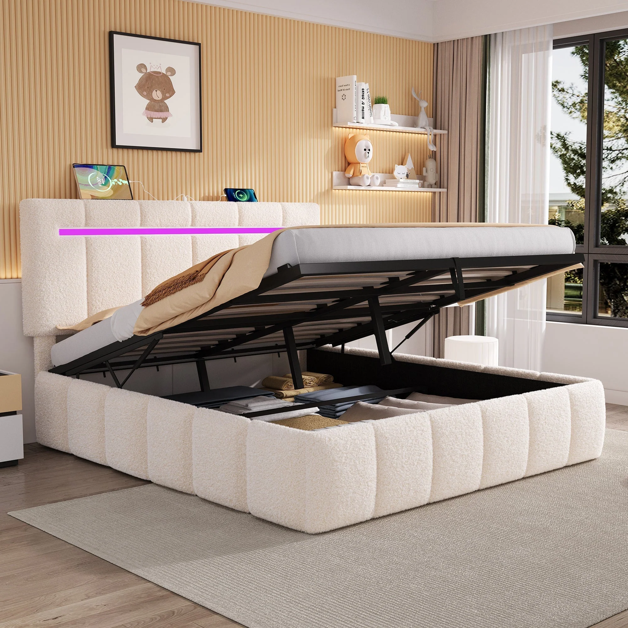 5ft King Upholstered Bed Frame with Hydraulic Storage, LED Adjustable Headboard, Boucle Fabric Beige - Image 2