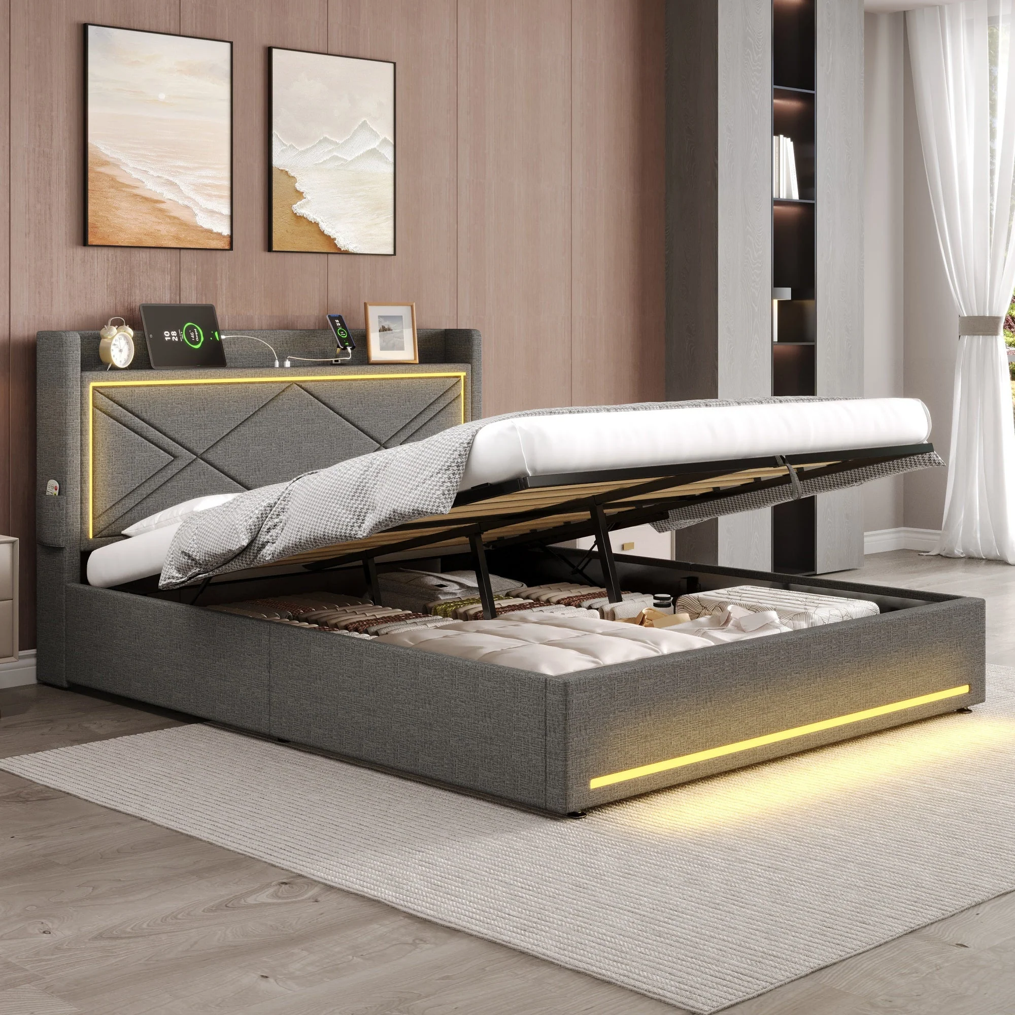 5ft King Upholstered Bed Frame with Hydraulic Storage, LED, and Charging Station, Linen Grey - Image 3