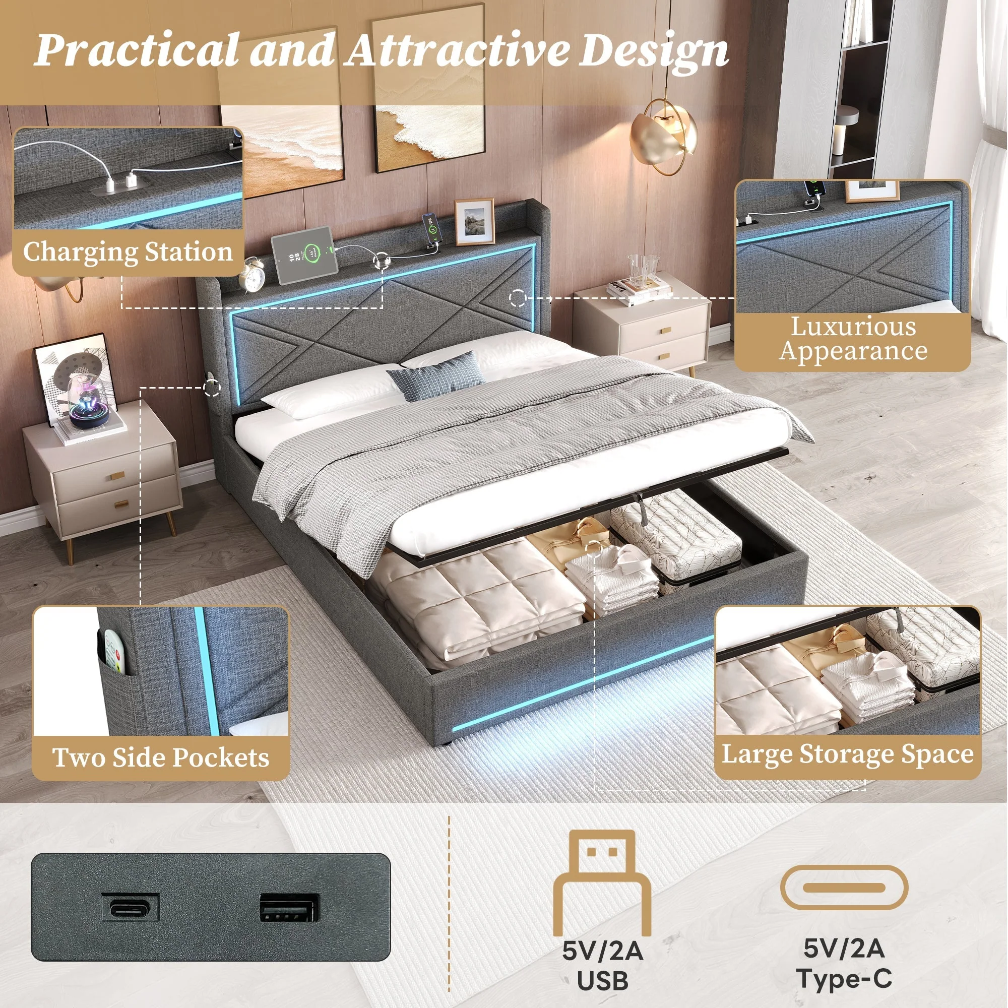 5ft King Upholstered Bed Frame with Hydraulic Storage, LED, and Charging Station, Linen Grey - Image 6