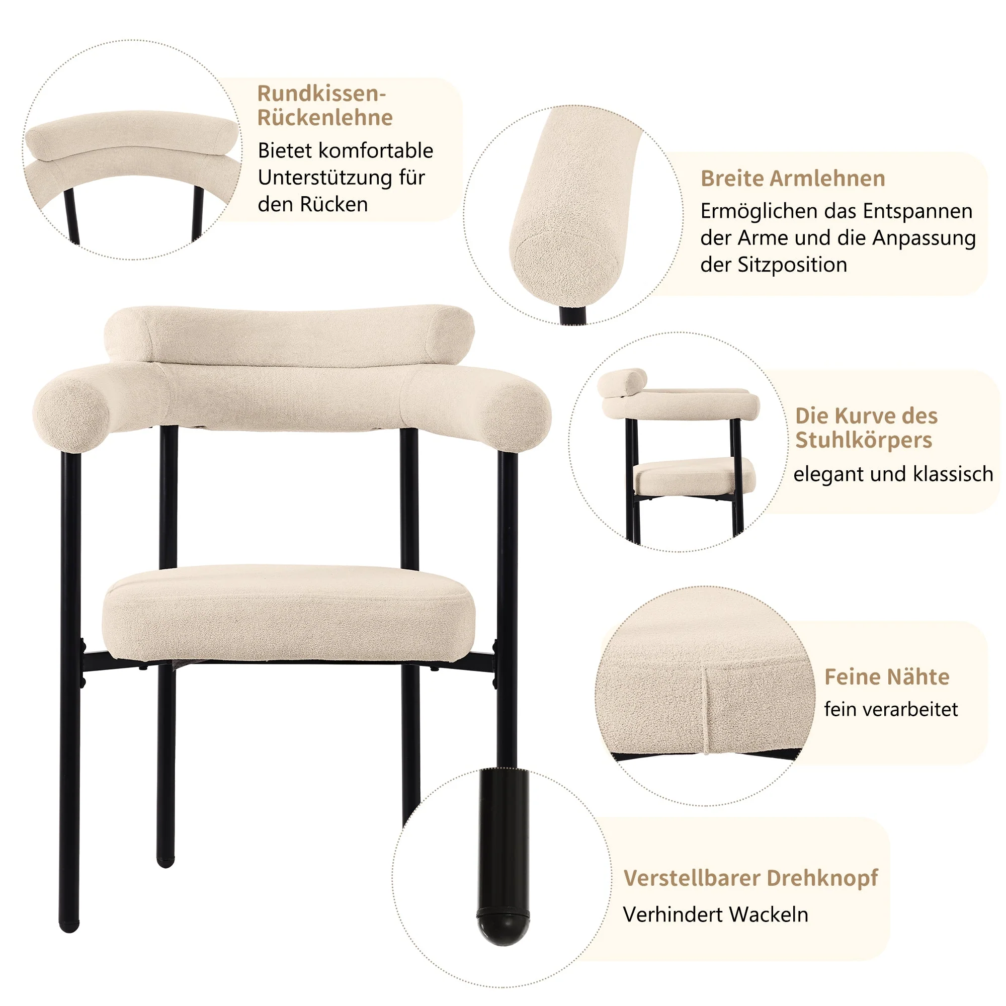 6 Dining Chairs Modern Simple Comfortable Ring Seat Cream Suede Fabric - Image 7