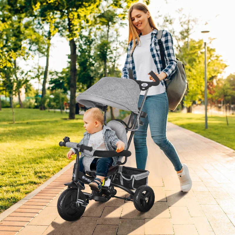 6-in-1 Children's Tricycle with Push Bar, Canopy and Storage Basket, Grey