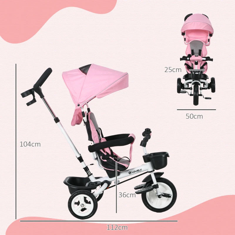 6-in-1 Children's Tricycle with Push Bar, Canopy and Storage Basket, Pink - Image 3