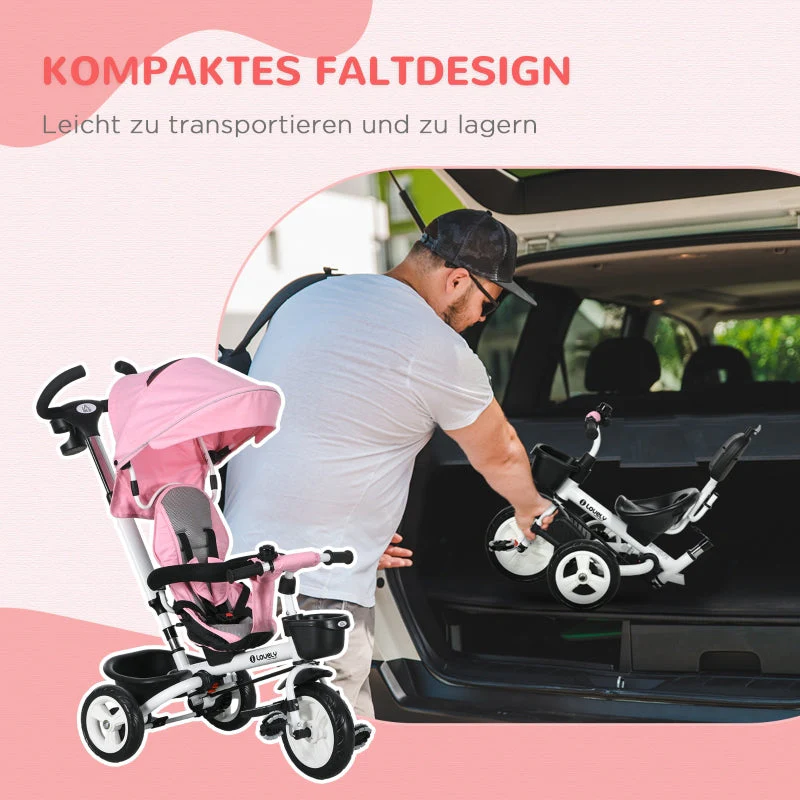 6-in-1 Children's Tricycle with Push Bar, Canopy and Storage Basket, Pink - Image 5