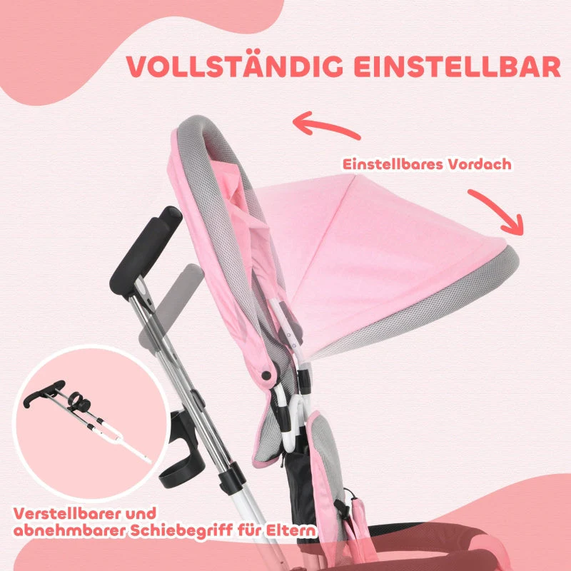 6-in-1 children's tricycle with push bar, canopy, belt, storage basket, for ages 1-5, pink - Image 5