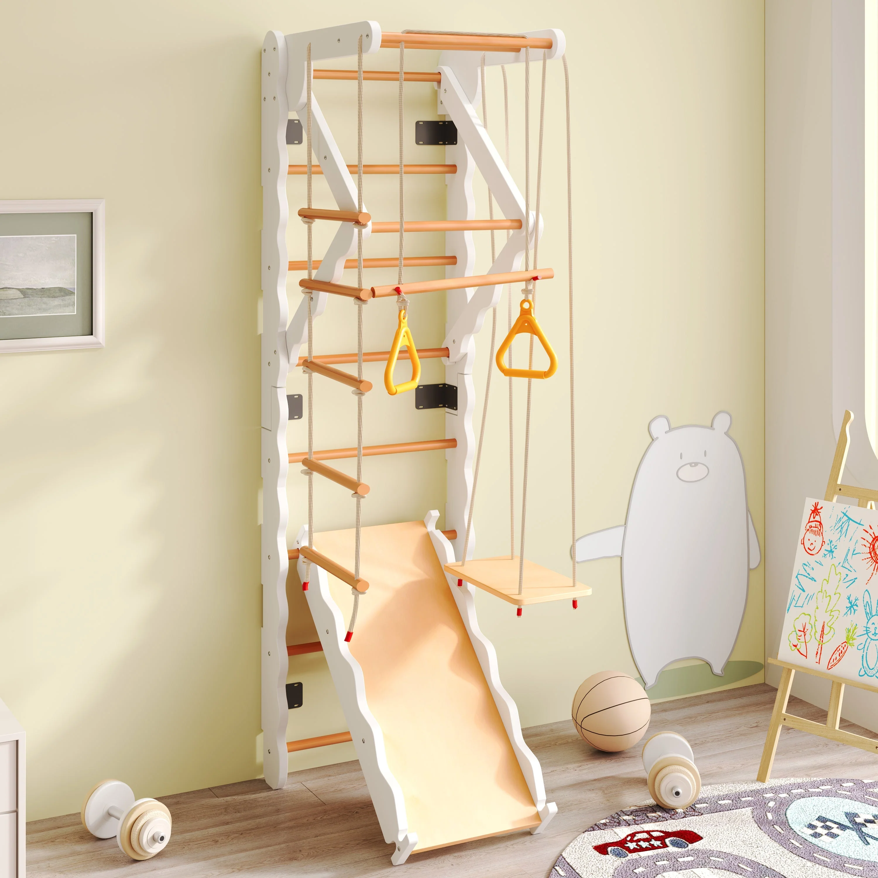 6-in-1 multifunctional climbing frame, wall bars, slide, swing, crawling ladder, pull-up area, rings, 50 kg, plywood, solid wood, beech - Image 3