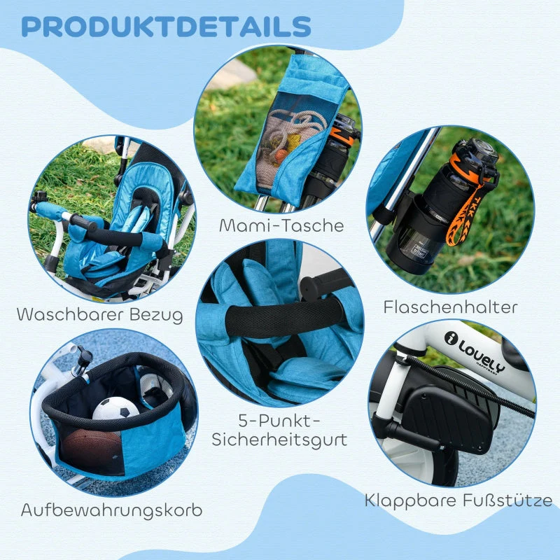 6-in-1 tricycle with push bar, removable sun canopy, 5-point safety harness, blue - Image 7