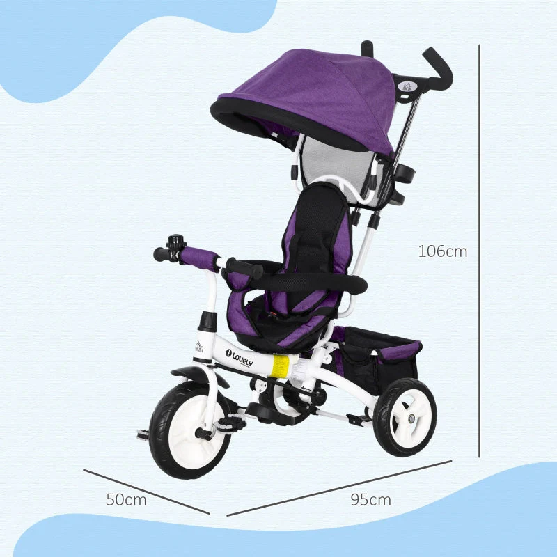 6-in-1 Tricycle with Push Bar, Sun Canopy, Safety Harness, Purple - Image 3