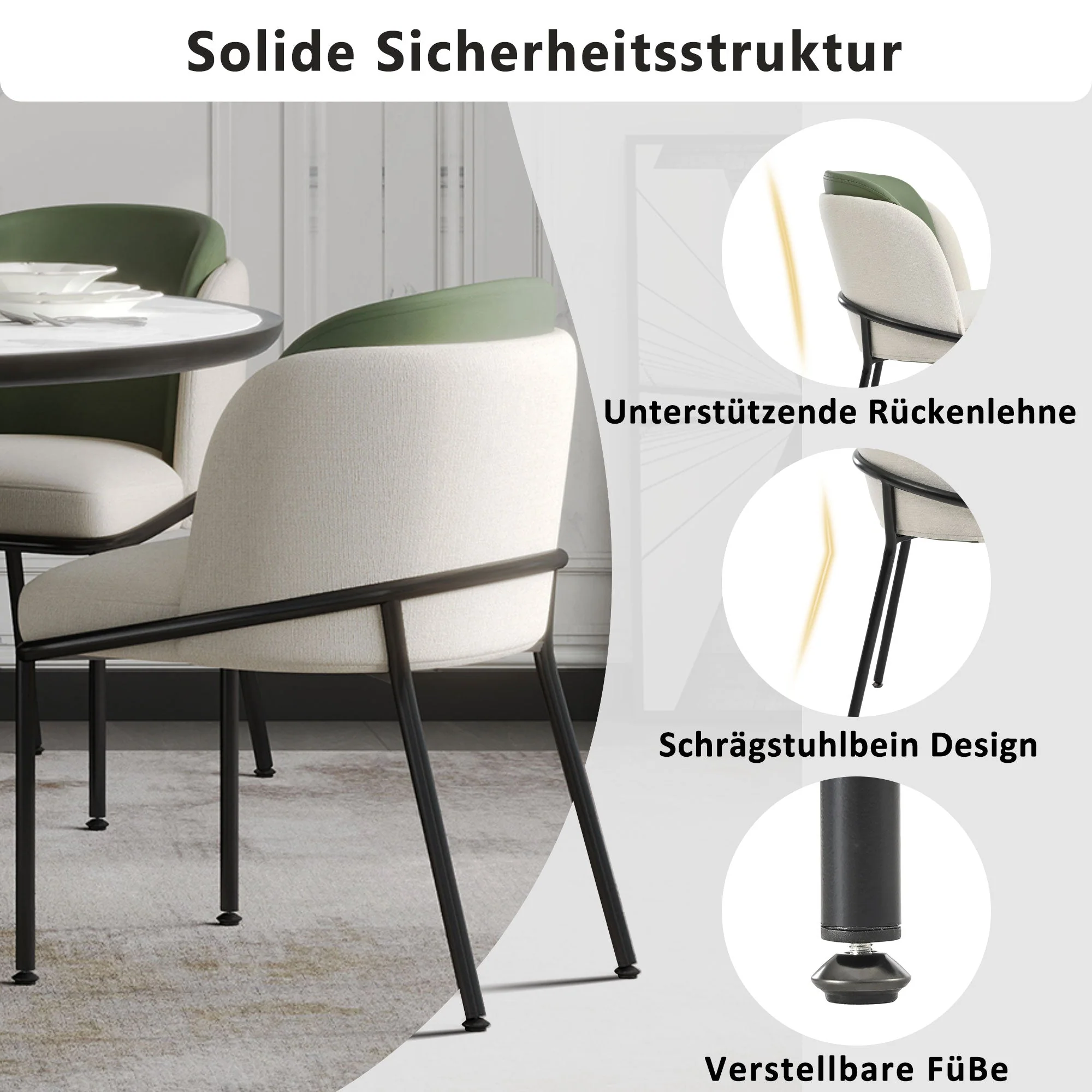 6 Modern Chairs Angled Legs Adjustable Feet Beige+Green - Image 5