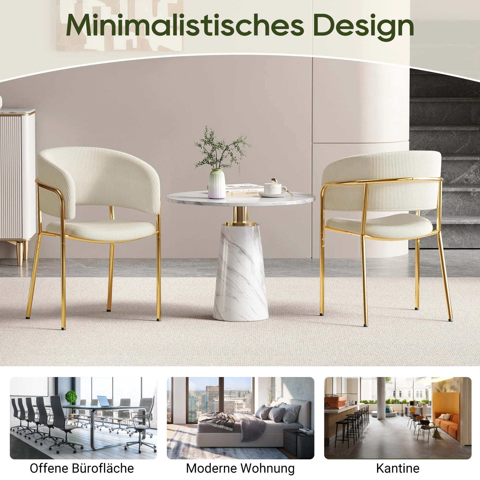 6 Modern Chairs, Angled Legs & Adjustable Feet, Corduroy Fabric Beige - Image 3