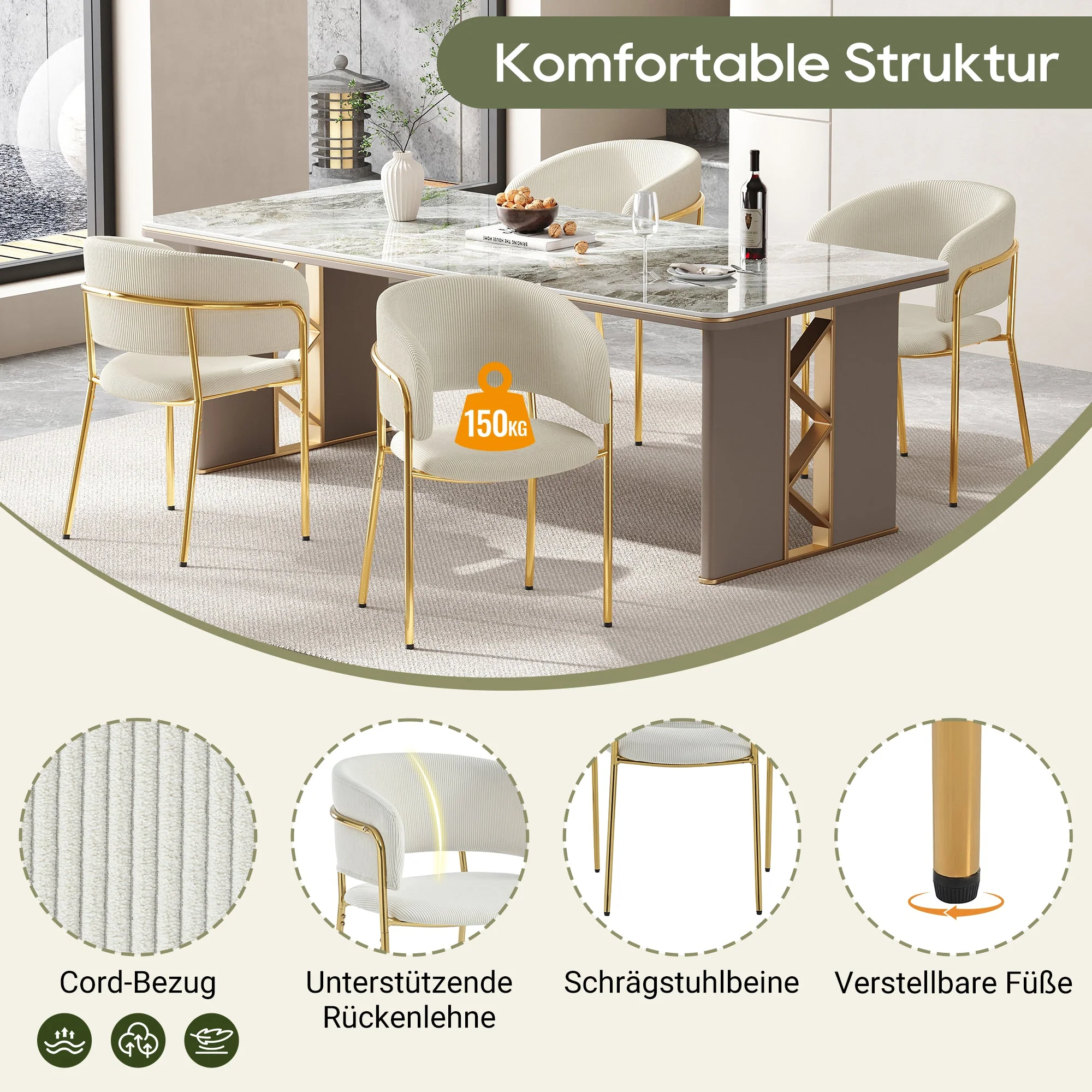 6 Modern Chairs, Angled Legs & Adjustable Feet, Corduroy Fabric Beige - Image 4