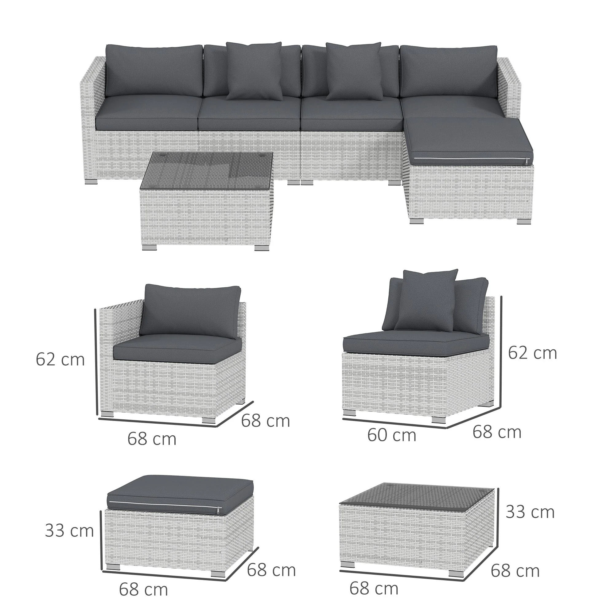 6 Piece Corner Sofa Set, Modular Garden Furniture, Mixed Grey Rattan - Image 3