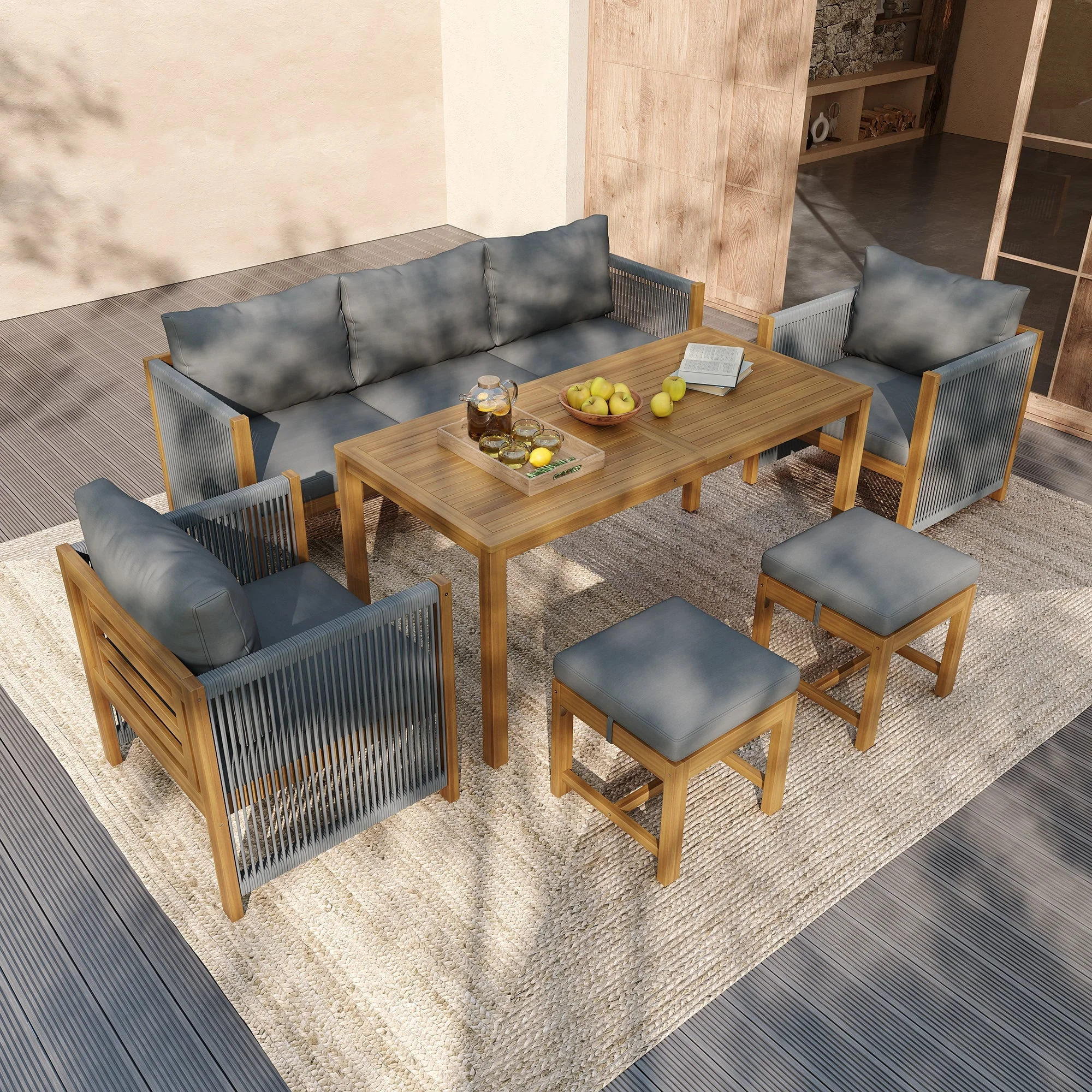 6-Piece Garden Furniture Set with Sofa, Stools and Acacia Tabletop, Grey - Image 4