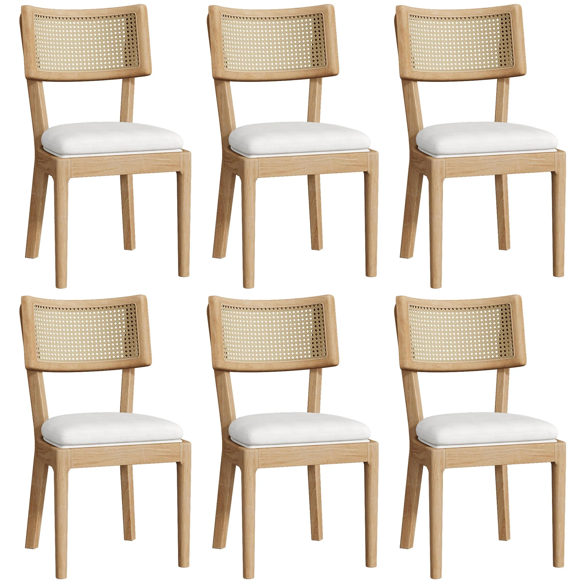 6 Solid Wood Dining Chairs with Rattan Backrests, Linen, Wood Color - Image 5