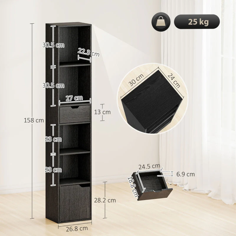 6-Tier Bookcase Narrow Shelves with Drawer and Door - Black - Image 3