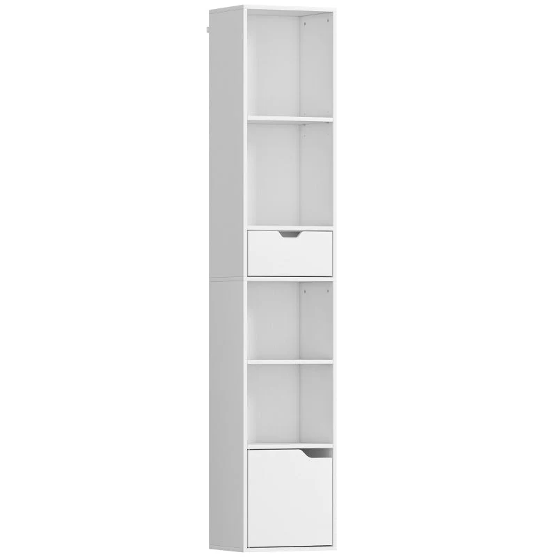 6-Tier Bookcase Tall Narrow Bookshelf with Drawer and Door - White - Image 2