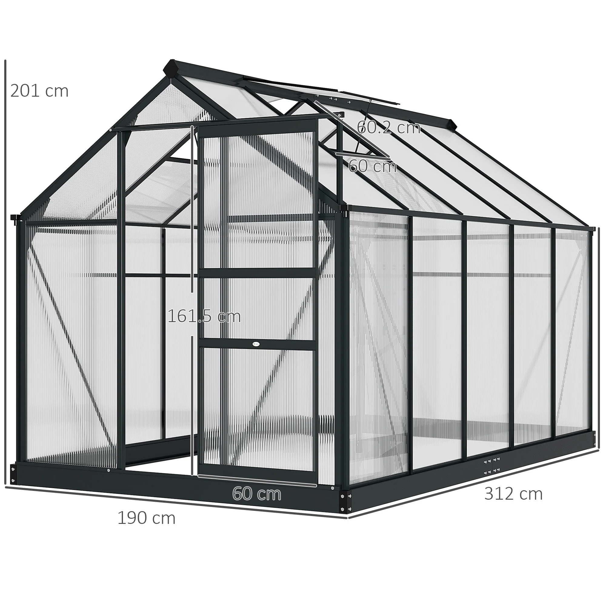6 x 10ft Polycarbonate Greenhouse, Walk-In with Slide Door and Window, Aluminium Frame, Grey - Image 3