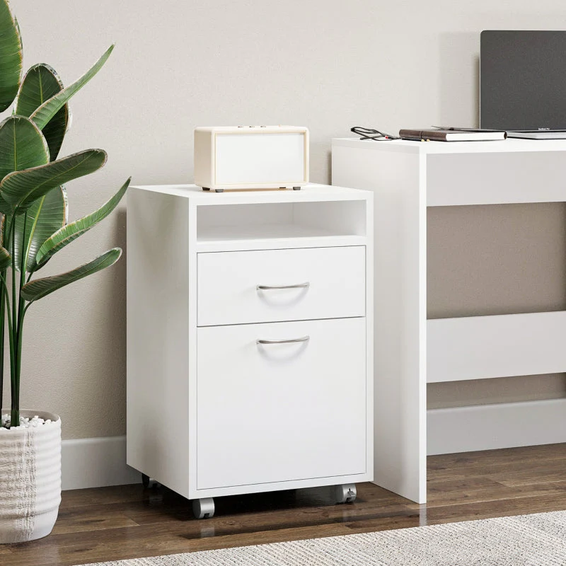 60cm Filing Cabinet with Drawer, Open Shelf, and Wheels, White Engineered Wood
