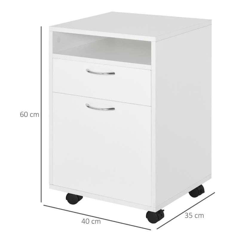60cm Filing Cabinet with Drawer, Open Shelf, and Wheels, White Engineered Wood - Image 3