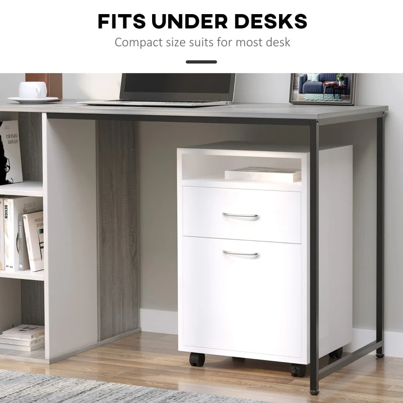 60cm Filing Cabinet with Drawer, Open Shelf, and Wheels, White Engineered Wood - Image 5