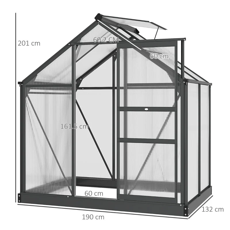 6x4ft Greenhouse, Polycarbonate Walk-In with Sliding Door & Aluminium Frame, Grey - Image 3